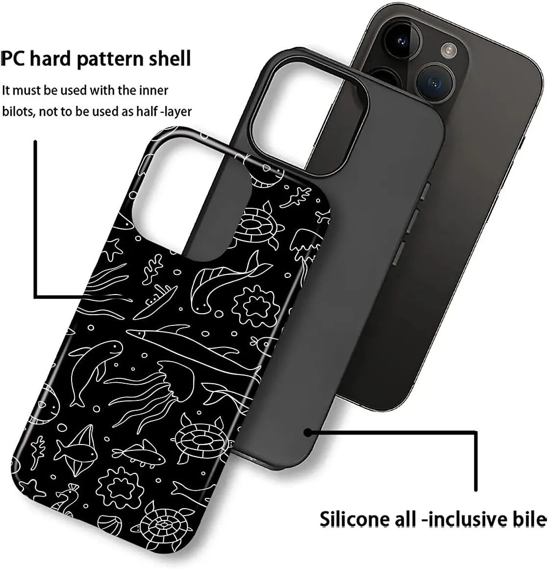 Case Compatible with iPhone 16 Pro Max,Hybrid 2 Layer PC Hard Shell   Silicone Protective Case, Black Background Marine Life Sketch Scratch-Resistant Shockproof Cover for iPhone 16 Pro Max