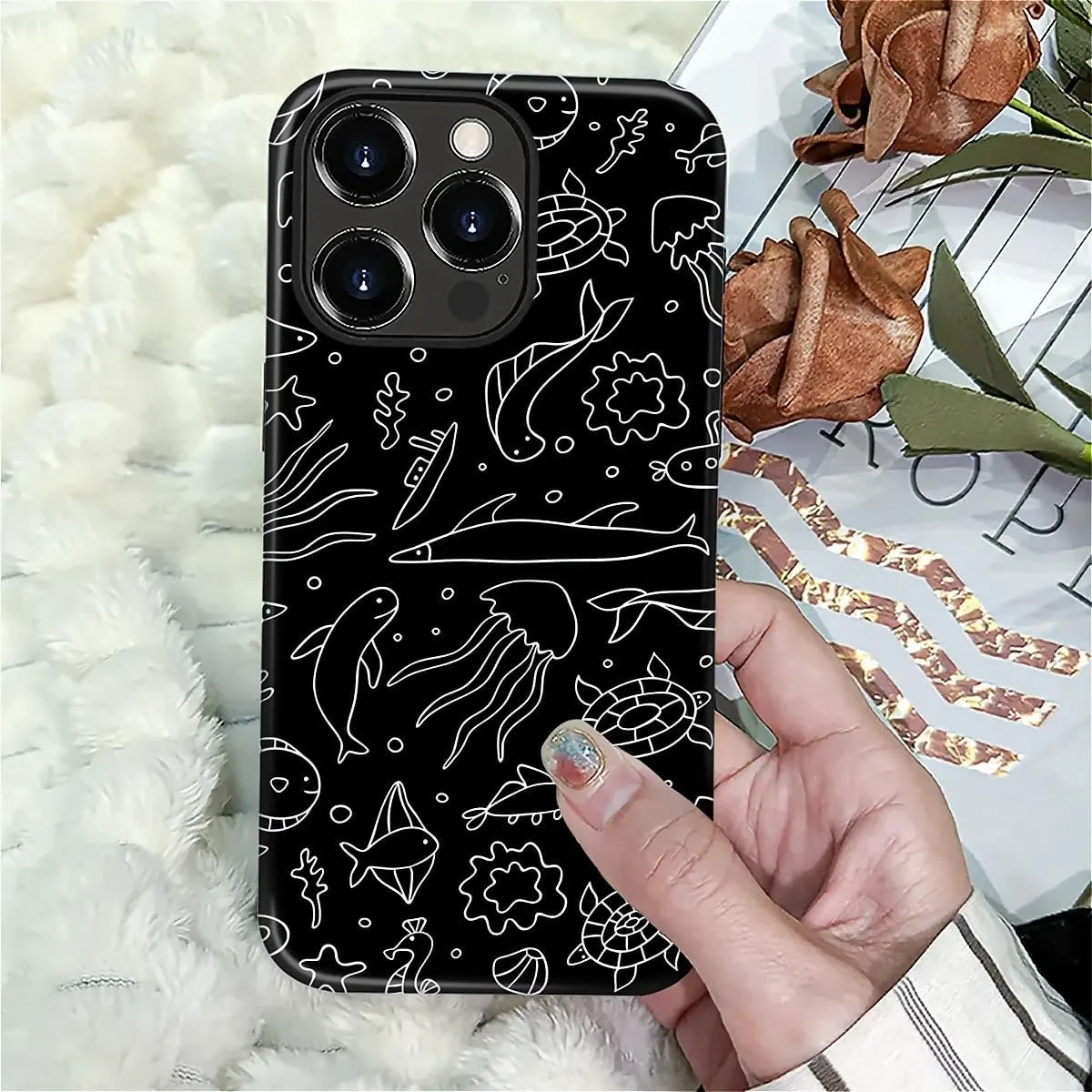 Case Compatible with iPhone 16 Pro Max,Hybrid 2 Layer PC Hard Shell   Silicone Protective Case, Black Background Marine Life Sketch Scratch-Resistant Shockproof Cover for iPhone 16 Pro Max
