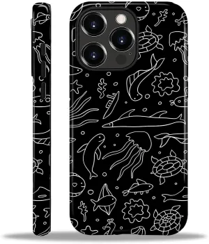 Case Compatible with iPhone 16 Pro Max,Hybrid 2 Layer PC Hard Shell   Silicone Protective Case, Black Background Marine Life Sketch Scratch-Resistant Shockproof Cover for iPhone 16 Pro Max