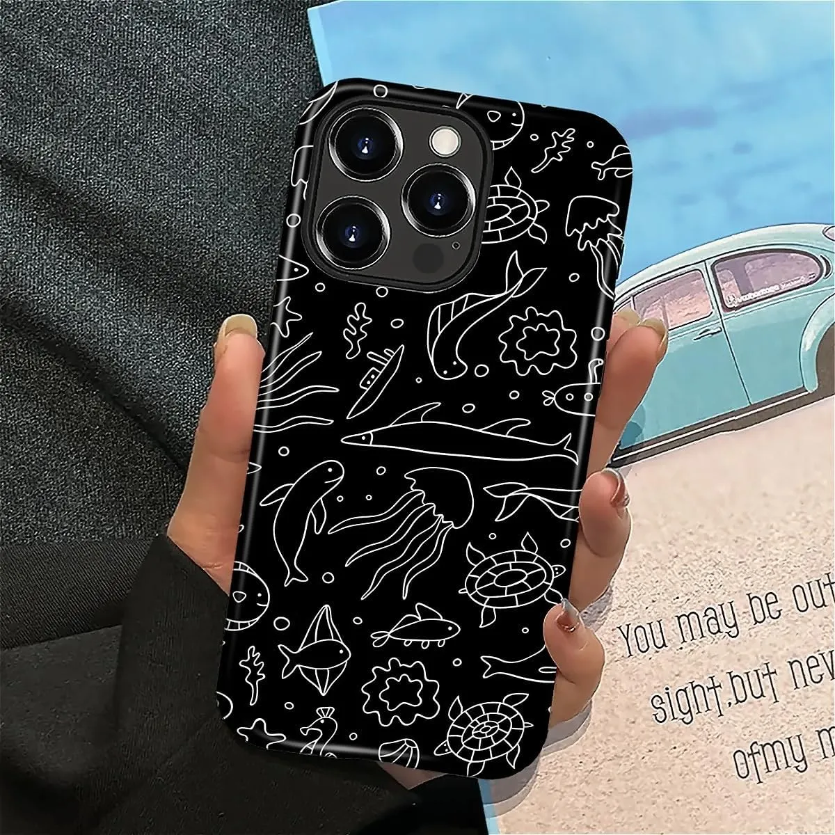 Case Compatible with iPhone 16 Pro Max,Hybrid 2 Layer PC Hard Shell   Silicone Protective Case, Black Background Marine Life Sketch Scratch-Resistant Shockproof Cover for iPhone 16 Pro Max