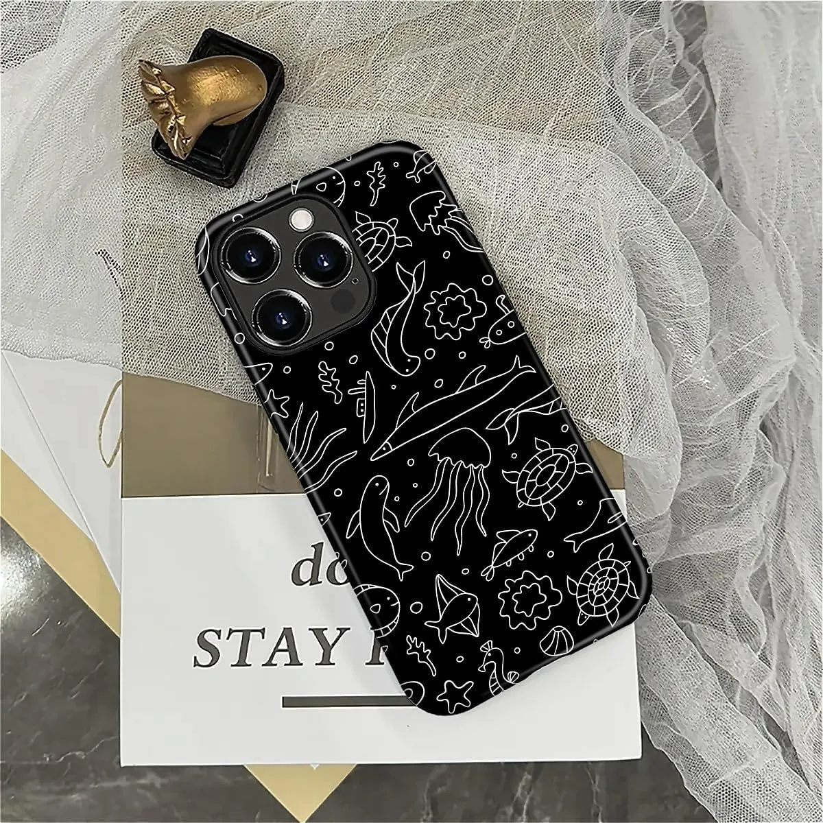 Case Compatible with iPhone 16 Pro Max,Hybrid 2 Layer PC Hard Shell   Silicone Protective Case, Black Background Marine Life Sketch Scratch-Resistant Shockproof Cover for iPhone 16 Pro Max