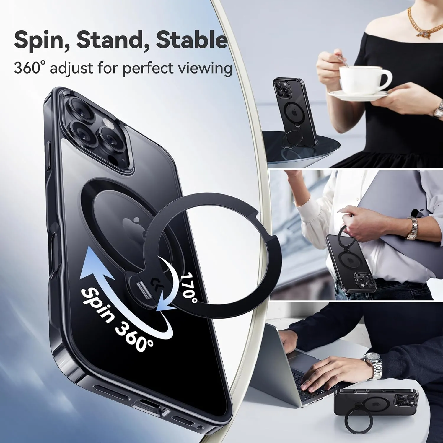 CASEKOO Titanium for iPhone 16 Pro Case with 360° Spin Magnetic Stand [Compatible with Magsafe][16FT Military Protection] Polished for iPhone 16 ProMax Case with Stand Ring 6.9'', Premium Black