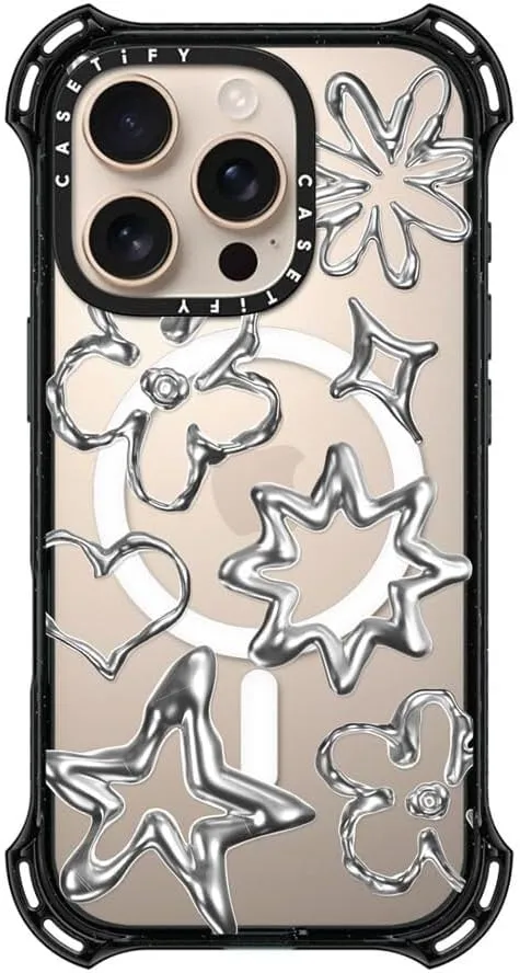 CASETiFY Bounce Case for iPhone 16 Pro [Shockproof / 21.3 ft. 6X Military Grade Drop Protection/Compatible with Magsafe] - Chrome Doodles - Clear Black