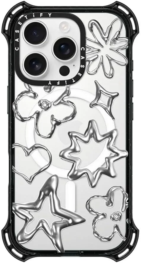 CASETiFY Bounce Case for iPhone 16 Pro [Shockproof / 21.3 ft. 6X Military Grade Drop Protection/Compatible with Magsafe] - Chrome Doodles - Clear Black