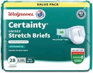 Certainty Unisex Stretch Briefs, L/XL 40-70 inch, Ultimate Absorbency, 28 Count Value Pack (Pack of 2) Total of 56 Count