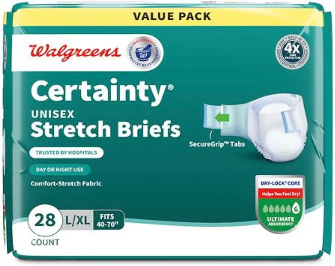 Certainty Unisex Stretch Briefs, L/XL 40-70 inch, Ultimate Absorbency, 28 Count Value Pack (Pack of 2) Total of 56 Count