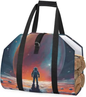 cfpolar Space Astronaut Meteorite Firewood Carrier Log Bag, Sturdy Firewood Storage Tote Bag, Wood Carrying Bag with Handles for Camping Fireplace Indoor Log Holder Birchwood Stand