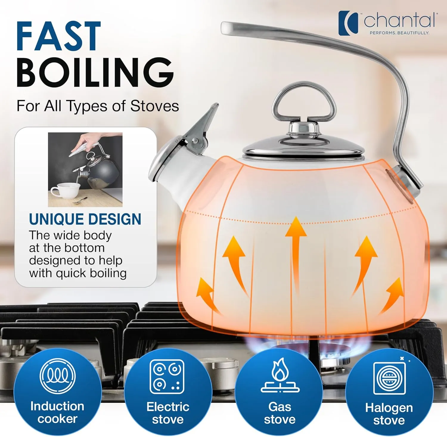 Chantal Classic Teakettle, 1.8 QT, Enamel On Steel, 2-Tone Harmonica Whistle, Rapid Boil and Even Heating (Chili Red)
