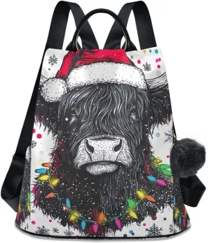Christmas Highland Cow Wearing Santa Hat Women Backpack Purse Anti Theft Design Travel Hiking Camping Rucksack Pack