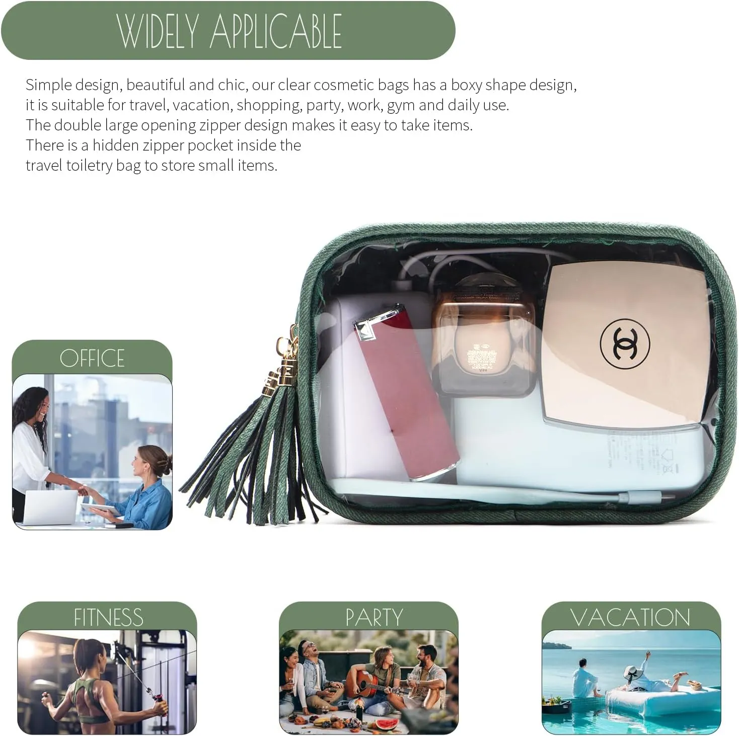 Clear Makeup Bag Organizer for Women, Double Sided Cosmetic Travel Bag with Dual Zippers,PU Leather Waterproof Travel Toiletry Bag Portable Make up Pouch for Home Office (Green, Medium)