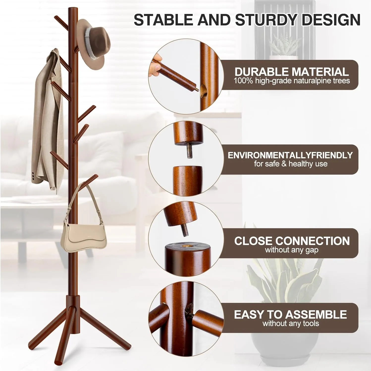 Coat Rack, Freestanding Coat Rack with 8 Hooks and 3 Adjustable Size Tree Coat Racks for Bedroom, Hallway, Entrance, Office, for Hats, Coats, Scarves, Handbags