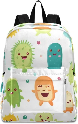 Colorful Cartoon Bacterial Backpack, Travel Rucksack Lightweight School Bookbag Daypack for Adults Teen Students Boys Girls