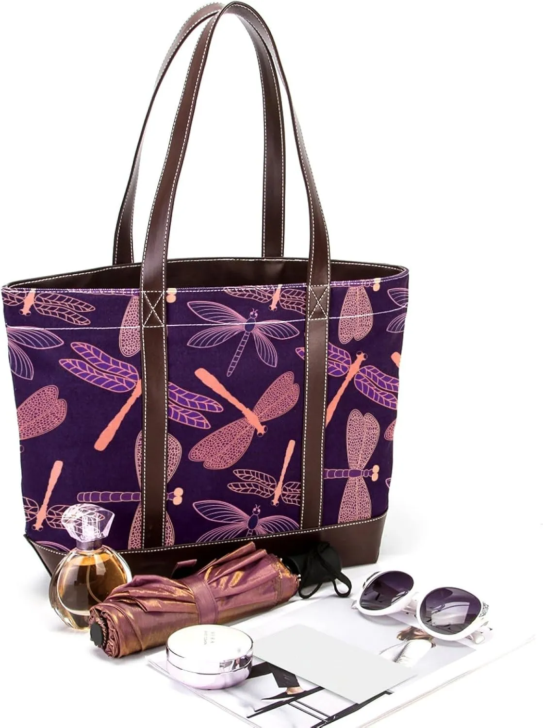 Colorful Dragonfly Shoulder Purses for Women Large Soft Washed Leather Purses and Durable Handbags