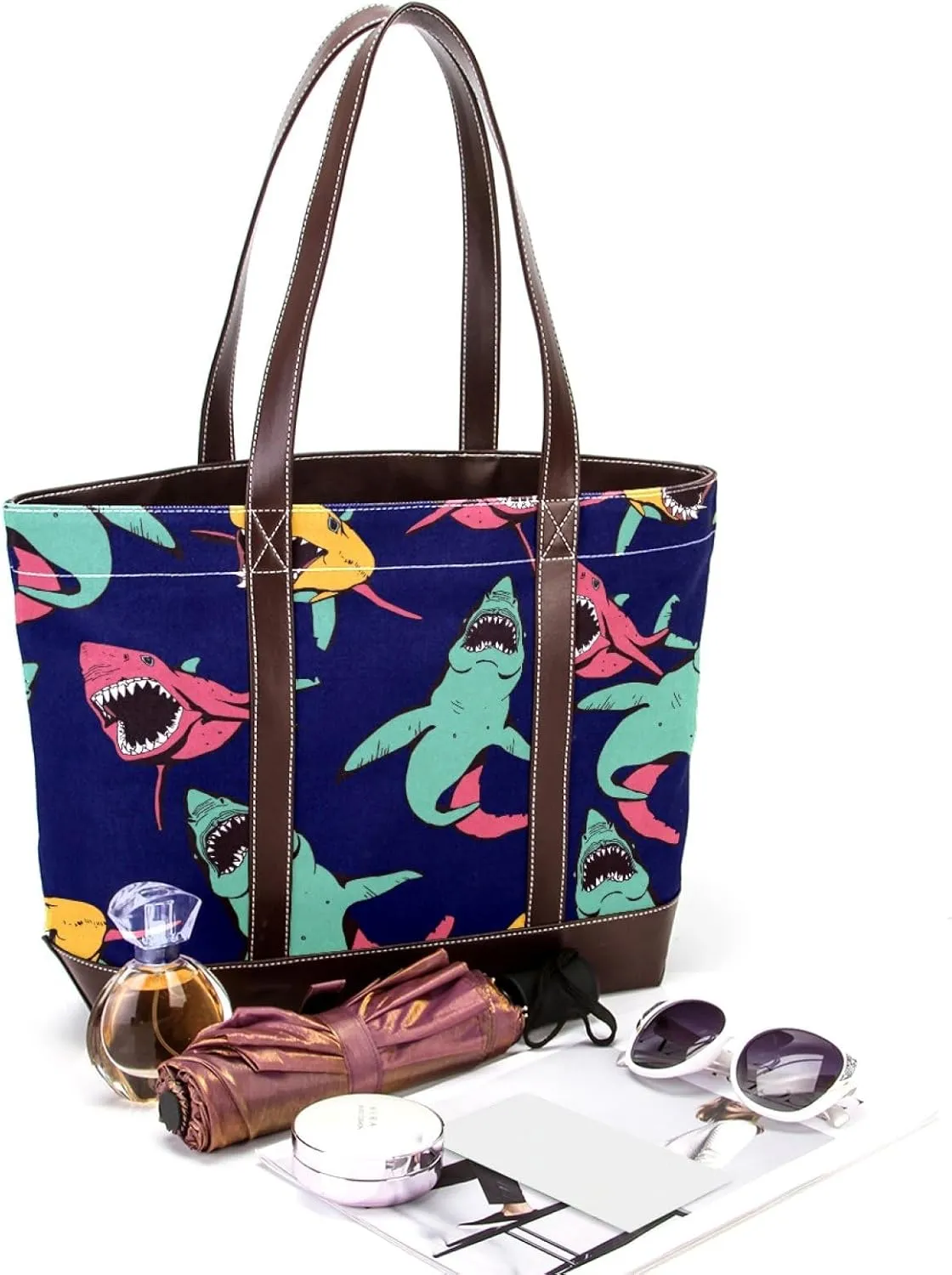 Colorful Ocean Shark Shoulder Purses for Women Large Soft Washed Leather Purses and Durable Handbags