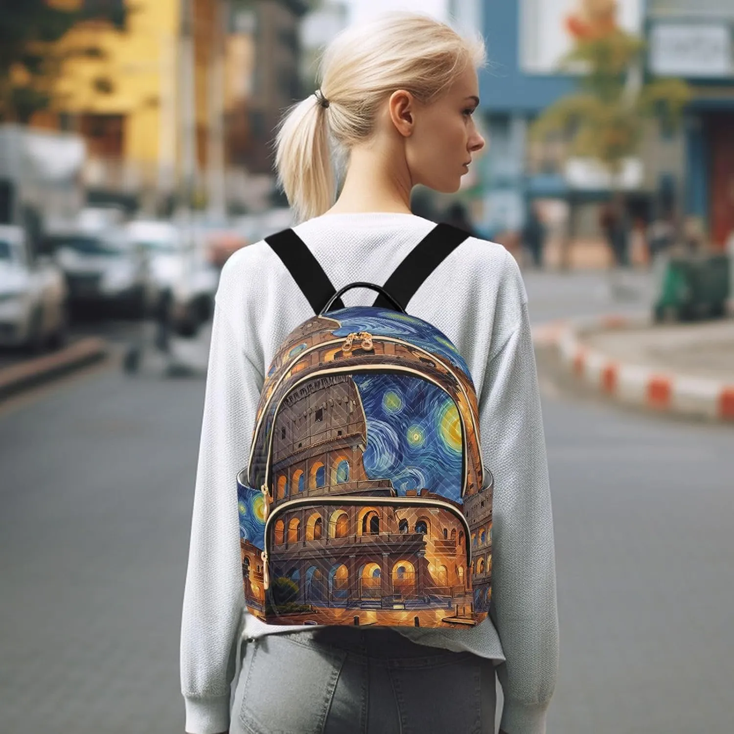 Colosseum Starry Night Blue Backpack Purse for Women Cute Bookbag with Anti-theft Back for Women Travel M