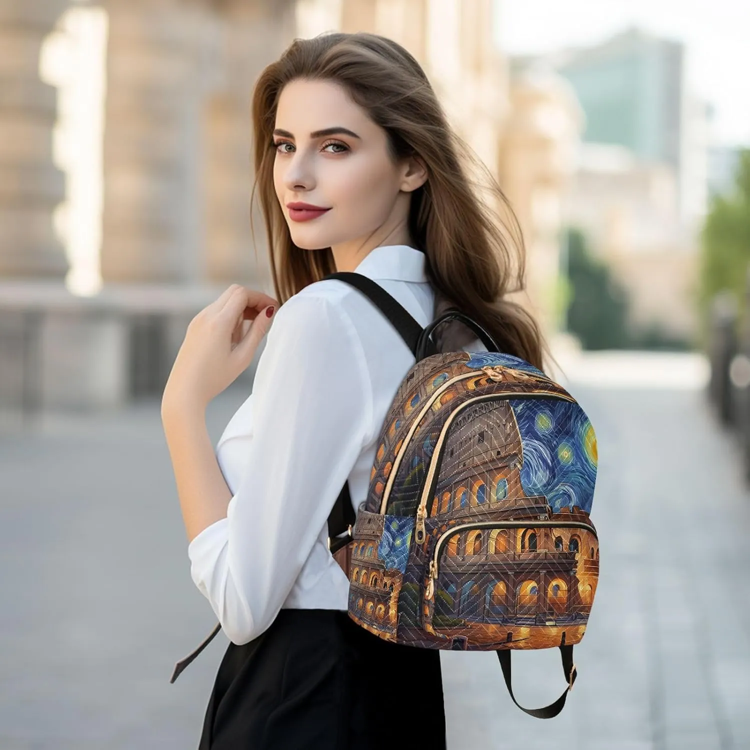 Colosseum Starry Night Blue Backpack Purse for Women Cute Bookbag with Anti-theft Back for Women Travel M