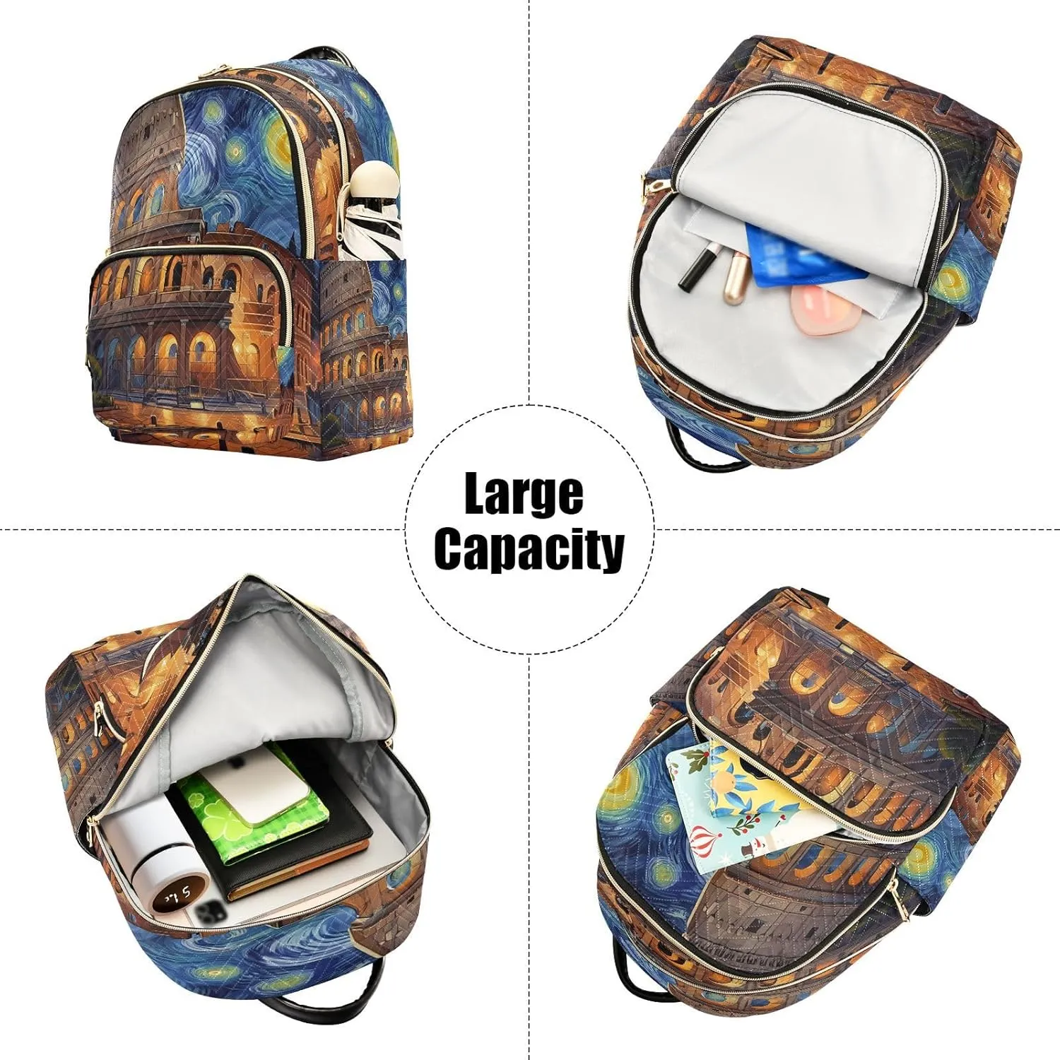 Colosseum Starry Night Blue Backpack Purse for Women Cute Bookbag with Anti-theft Back for Women Travel M