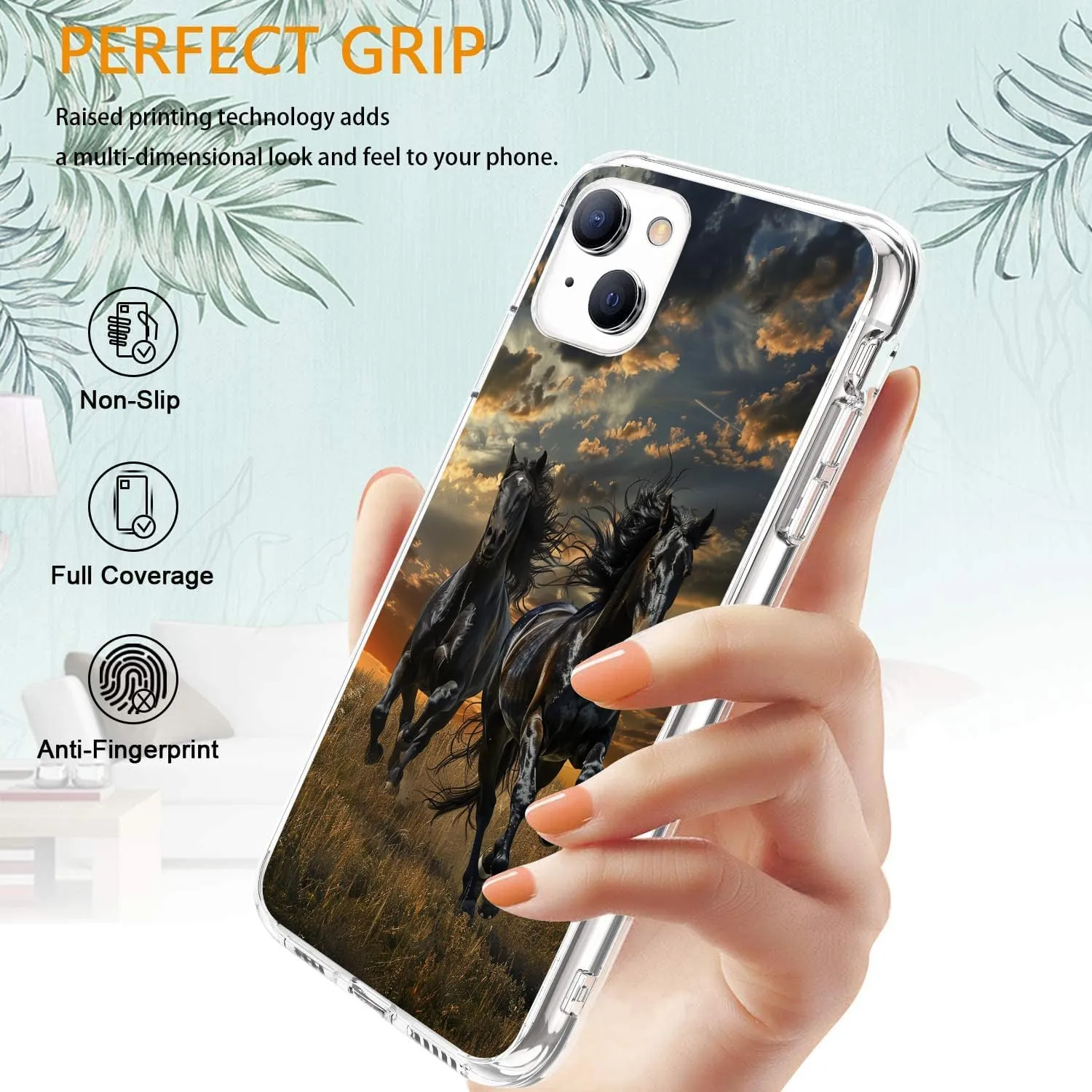 Compatible with iPhone 13 Case, Two Black Horses Running on The Grassland Protective Slim Soft TPU Shockproof Phone Clear Case