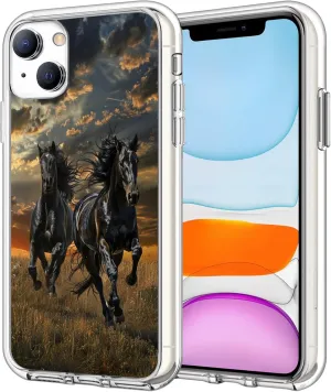 Compatible with iPhone 13 Case, Two Black Horses Running on The Grassland Protective Slim Soft TPU Shockproof Phone Clear Case
