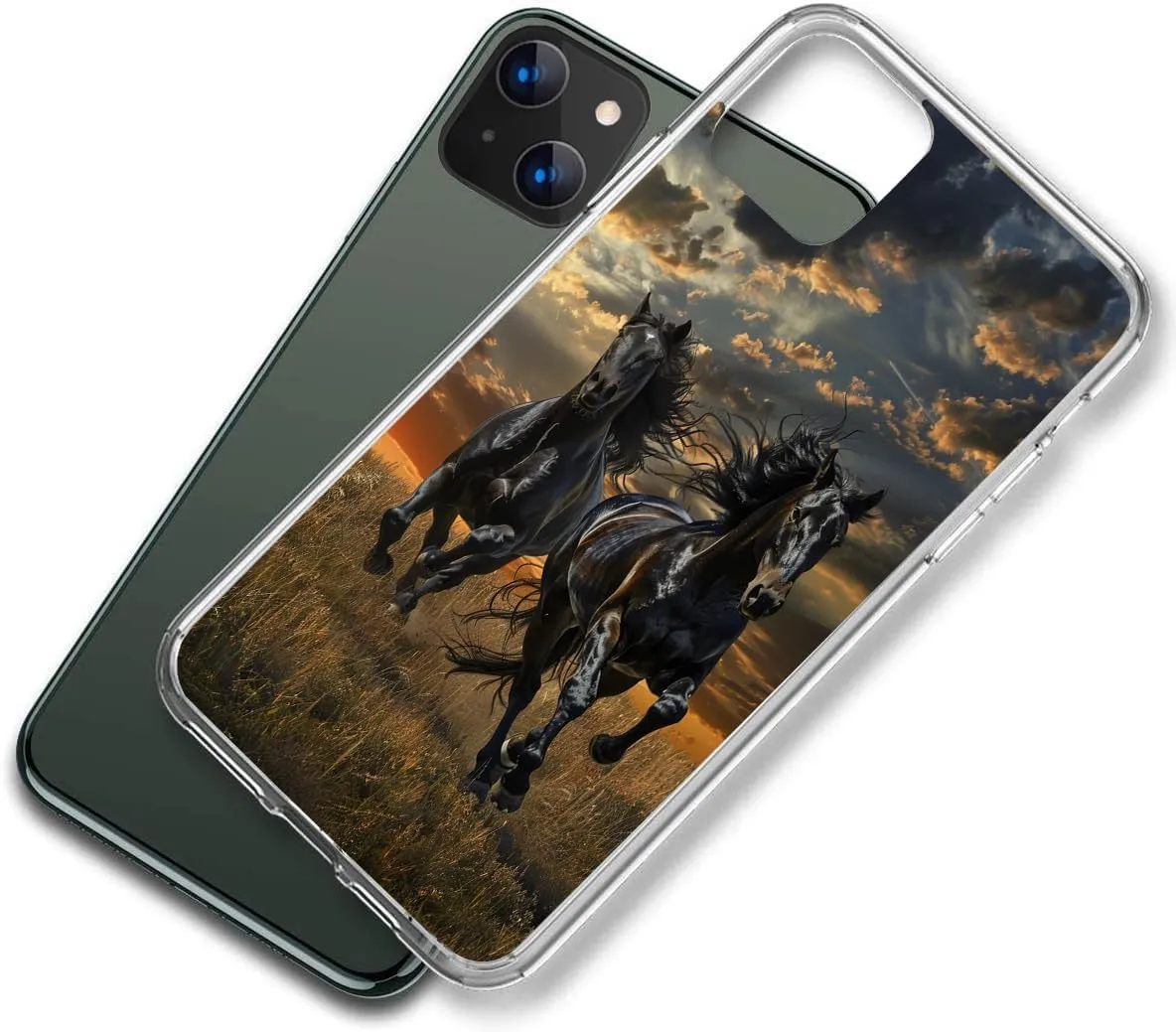 Compatible with iPhone 13 Case, Two Black Horses Running on The Grassland Protective Slim Soft TPU Shockproof Phone Clear Case