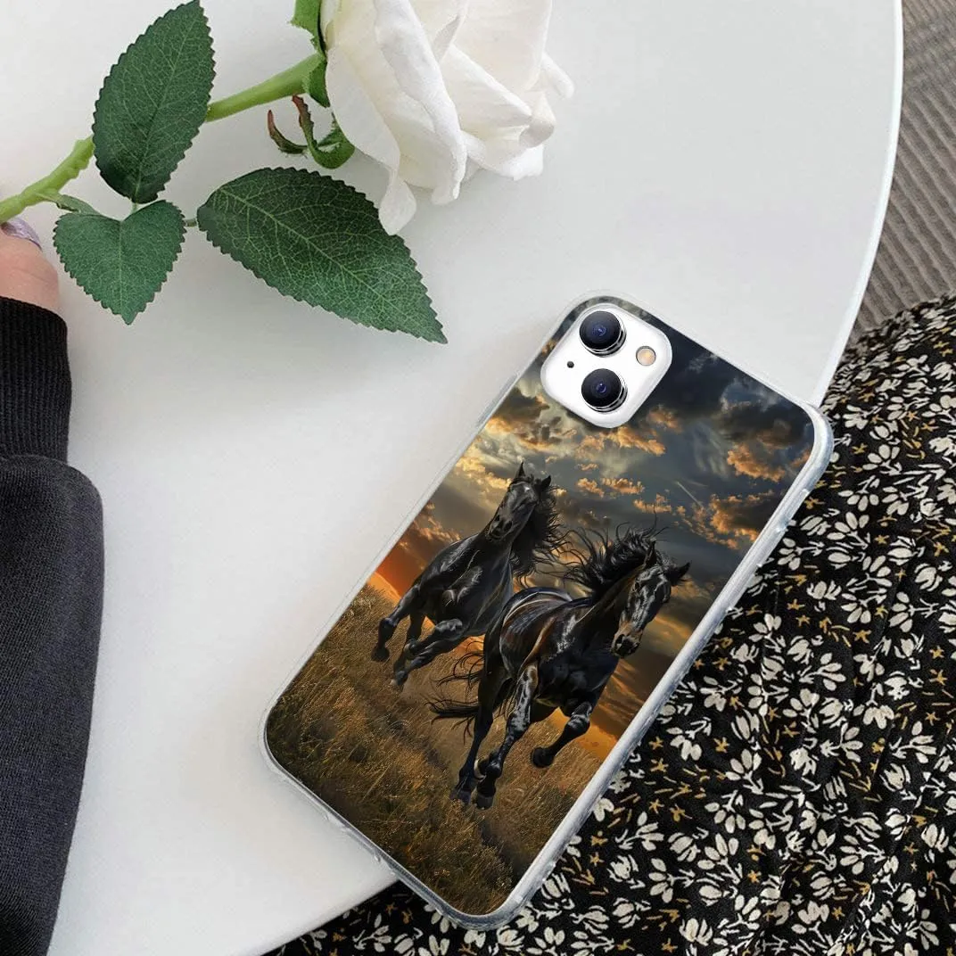 Compatible with iPhone 13 Case, Two Black Horses Running on The Grassland Protective Slim Soft TPU Shockproof Phone Clear Case