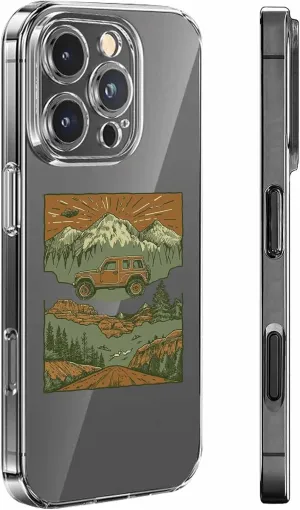 Compatible with iPhone 14 Case 6.1 inch, Off-road Vehicle Brown Outdoor Mountain Forest Scenery Cartoon Clear Phone Case Ultra Thin Anti-Scratch Transparent Phone Cover Shockproof Protective TPU Cover