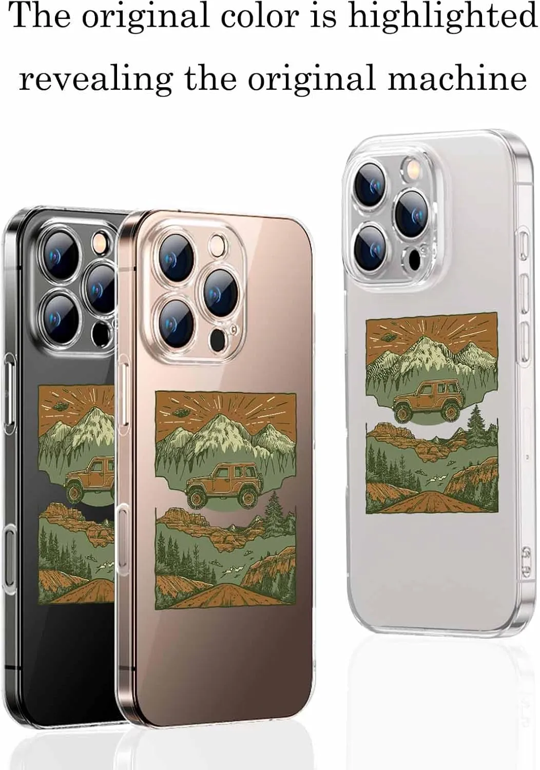 Compatible with iPhone 14 Case 6.1 inch, Off-road Vehicle Brown Outdoor Mountain Forest Scenery Cartoon Clear Phone Case Ultra Thin Anti-Scratch Transparent Phone Cover Shockproof Protective TPU Cover