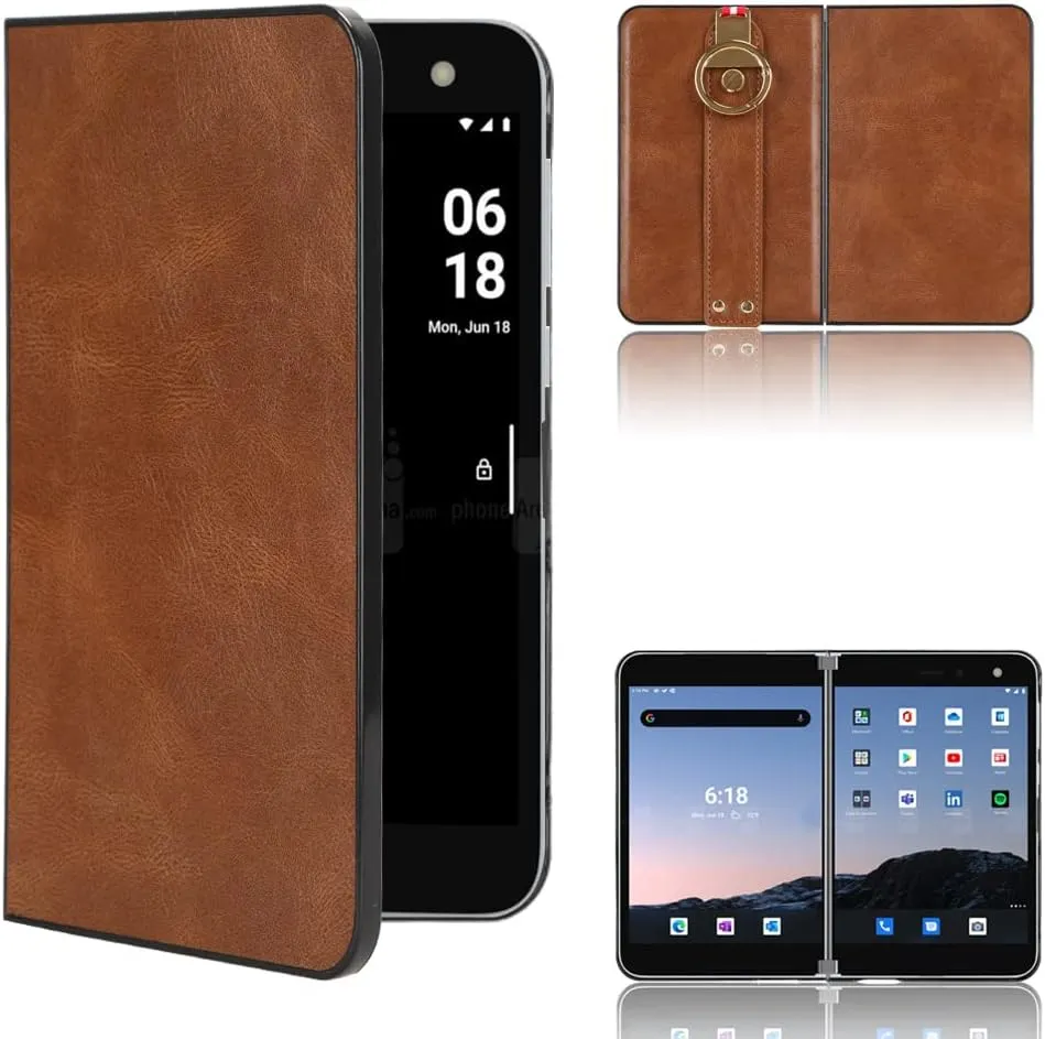 Compatible with Microsoft Surface Duo Cover,2 in 1 (PU Leather   Shell) Wrist Strap Camera Protection Shockproof Phone Case Brown