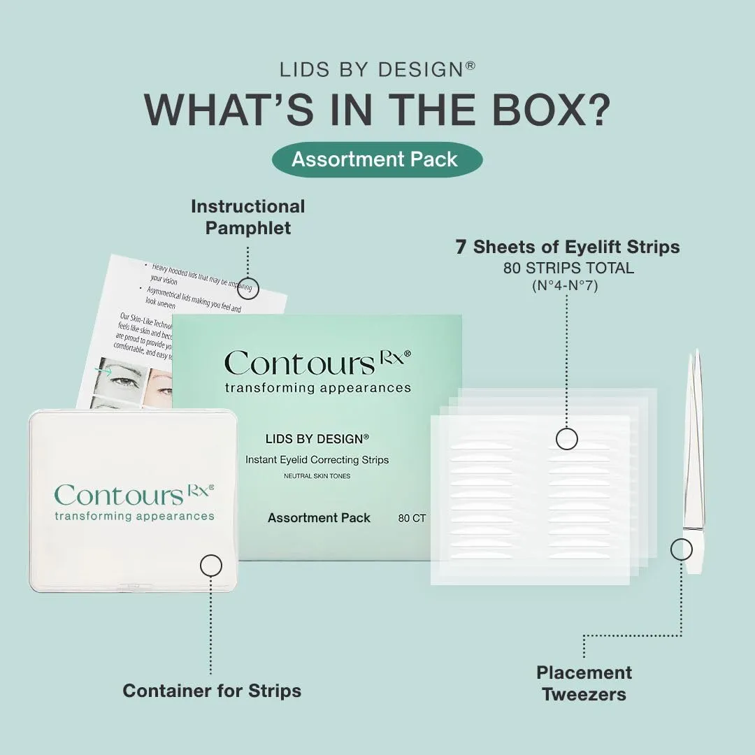 Contours Rx Lids By Design - Medical Grade Eyelid Correcting Strips for Heavy, Hooded, & Droopy Lids - Transparent, Anti-Aging, and Eyelid Lifting Treatment - (4mm - 7mm) Assortment Pack, 80ct