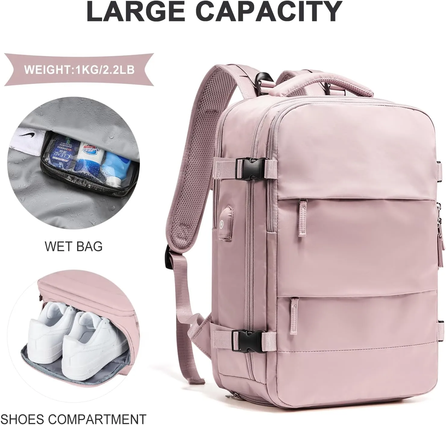 coowoz Large Travel Backpack For Women Men,Carry On Backpack,Hiking Backpack Waterproof Outdoor Sports Rucksack Casual Daypack travel essentials（Pink Purple）