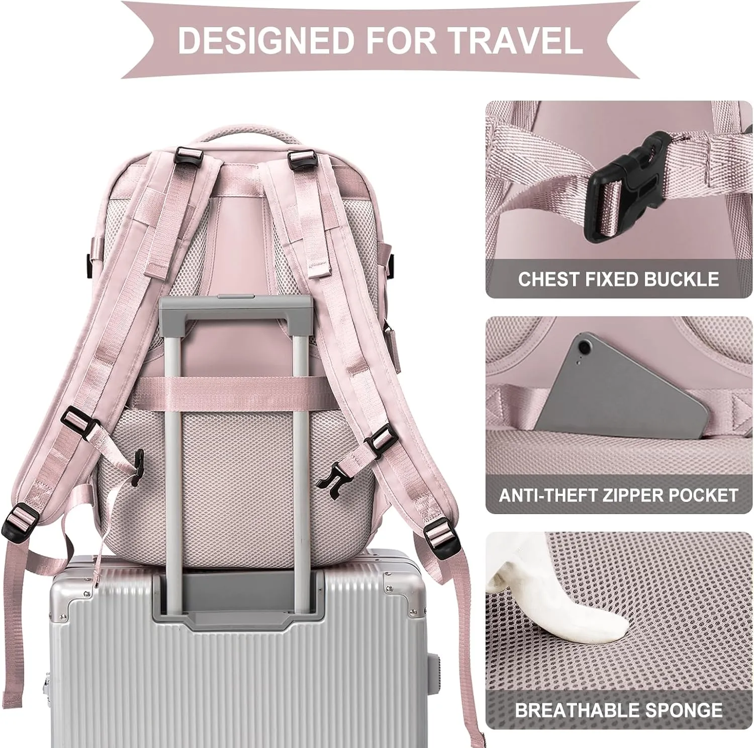 coowoz Large Travel Backpack For Women Men,Carry On Backpack,Hiking Backpack Waterproof Outdoor Sports Rucksack Casual Daypack travel essentials（Pink Purple）