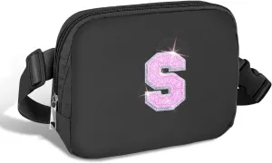 COSHAYSOO Black Belt Bag Small Waist Fanny Pack Crossbody Purse with Initial Letter Patch for Teen Girl Sister, Nylon Cross Body Travel Everywhere Chest Pouch Trendy Cool Christmas Gift (S)