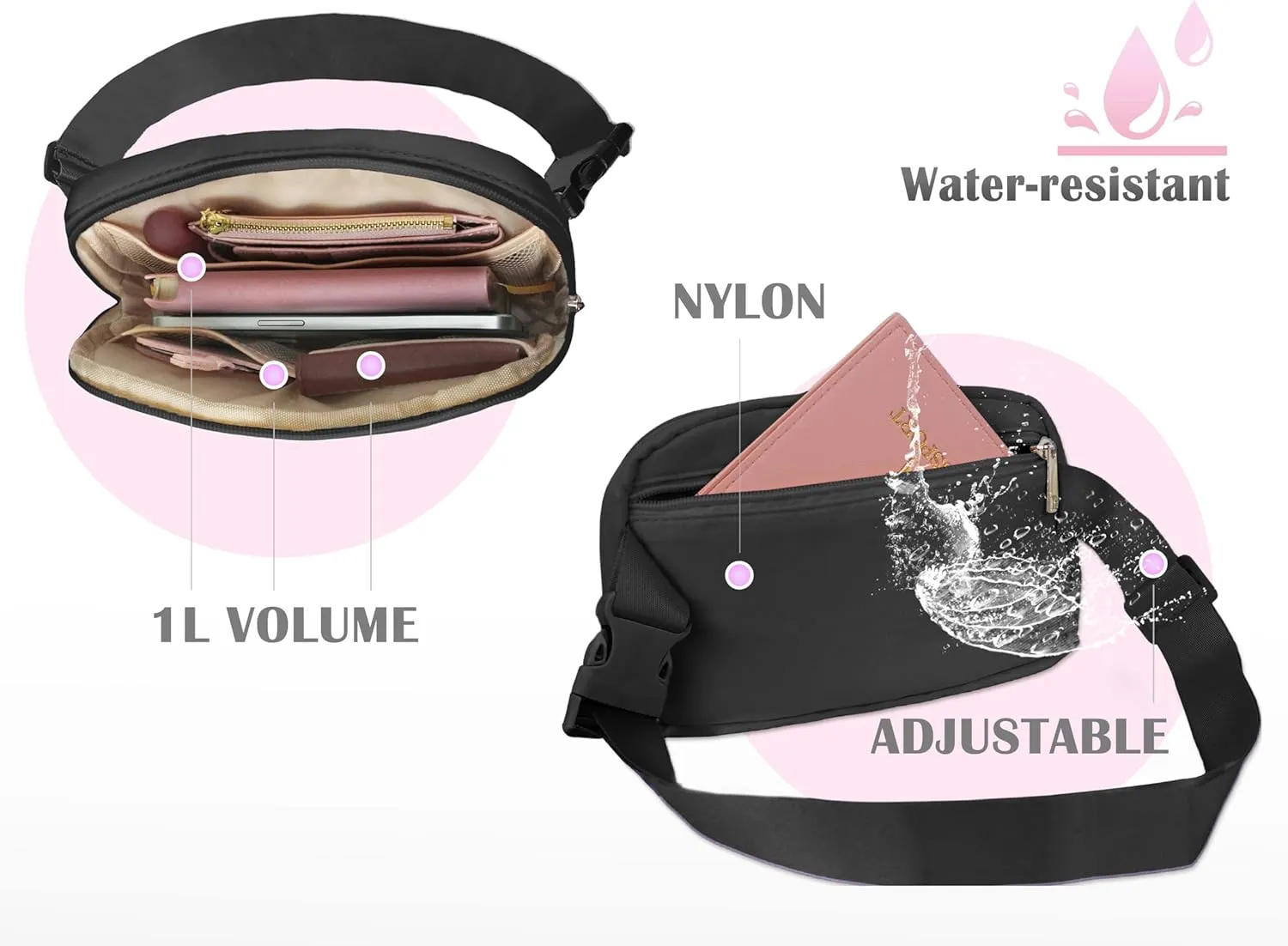 COSHAYSOO Black Belt Bag Small Waist Fanny Pack Crossbody Purse with Initial Letter Patch for Teenage Girl Sister, Nylon Cross Body Travel Chest Pouch Fashion Gift (C)