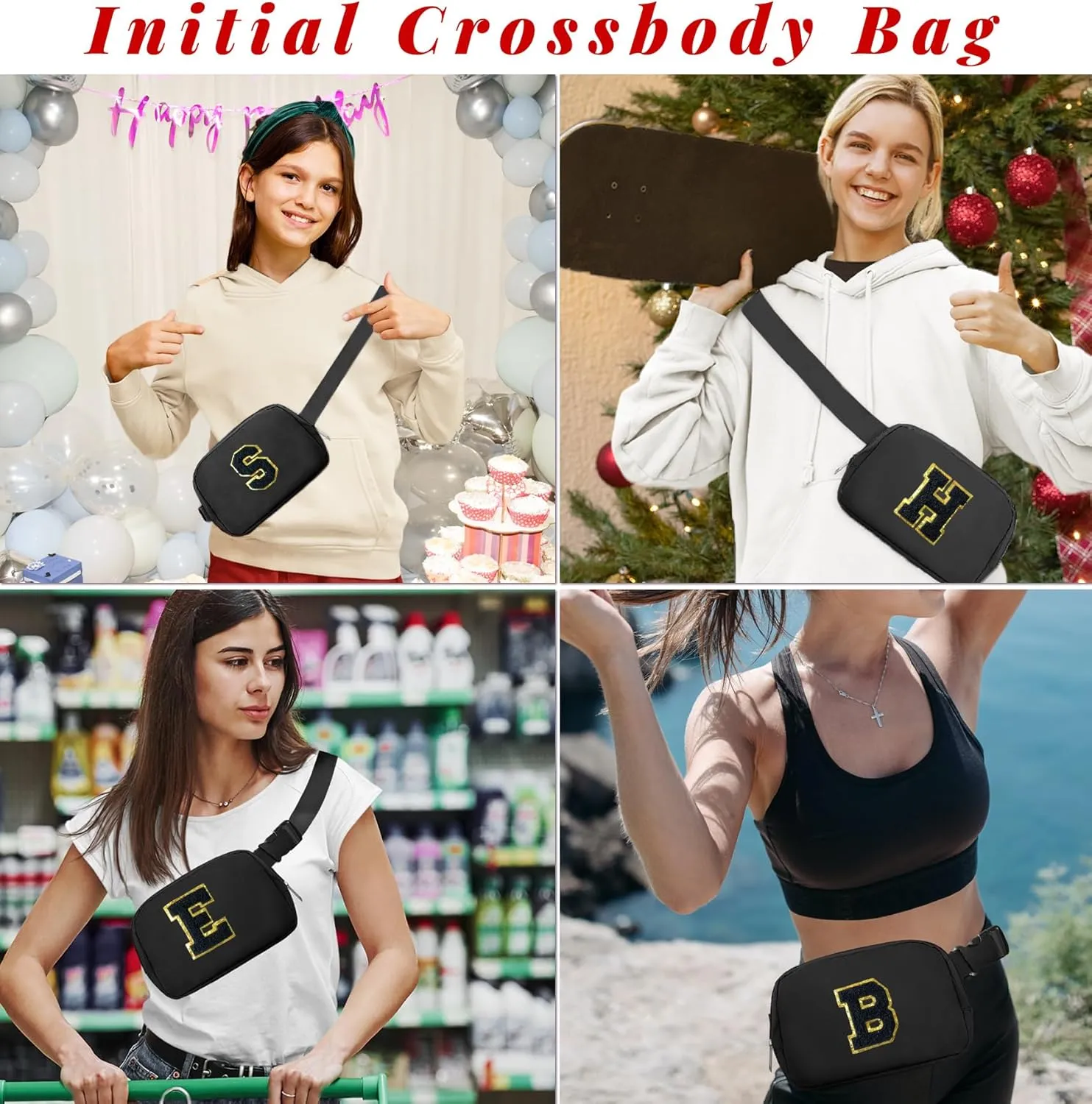 COSHAYSOO Valentines Birthday Initial Gifts for Teen Boys 5 6 7 8 9 10 11 12 13 14 Year Old Black Fanny Pack for Women Belt Bag Crossbody Travel Purse Monogrammed Unique Trendy Stuff Chenille Letter S