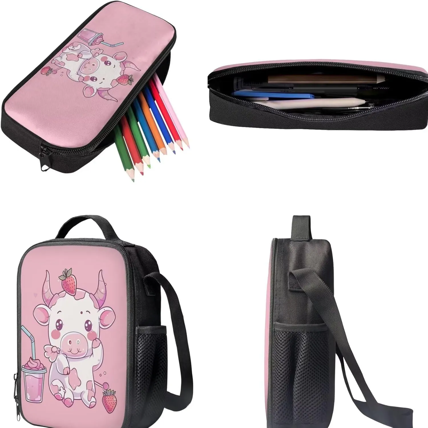 Cow Strawberry Backpack 5th Grade with Lunch Box for Girls Cute Cartoon School Bag and Lunch Bag Elementary School Bookbags/Lunchboxes/Pencil Case for Age 6 7 8