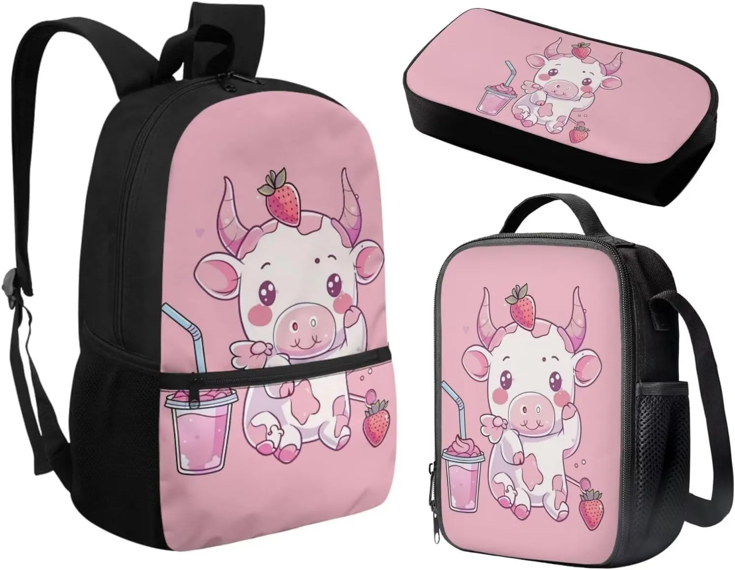 Cow Strawberry Backpack 5th Grade with Lunch Box for Girls Cute Cartoon School Bag and Lunch Bag Elementary School Bookbags/Lunchboxes/Pencil Case for Age 6 7 8