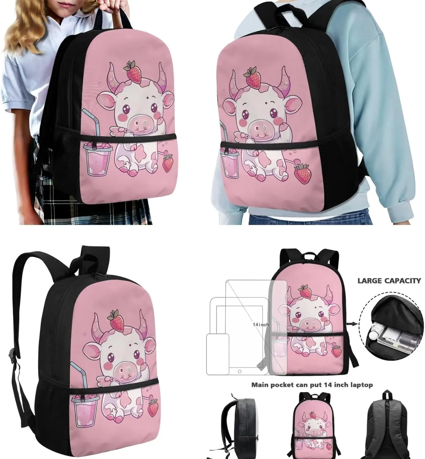 Cow Strawberry Backpack 5th Grade with Lunch Box for Girls Cute Cartoon School Bag and Lunch Bag Elementary School Bookbags/Lunchboxes/Pencil Case for Age 6 7 8