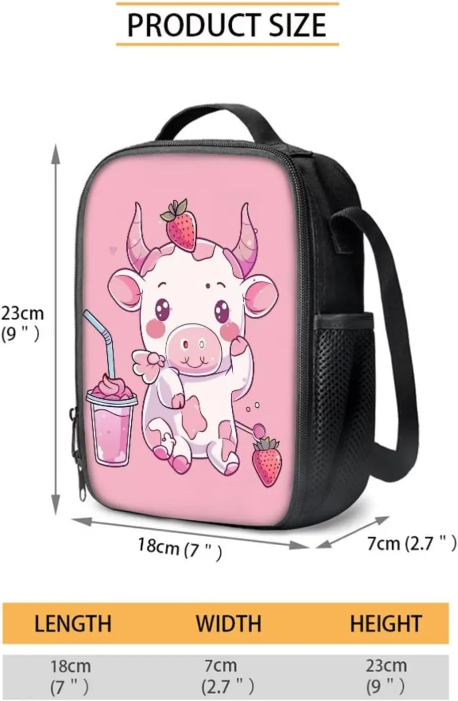 Cow Strawberry Backpack 5th Grade with Lunch Box for Girls Cute Cartoon School Bag and Lunch Bag Elementary School Bookbags/Lunchboxes/Pencil Case for Age 6 7 8