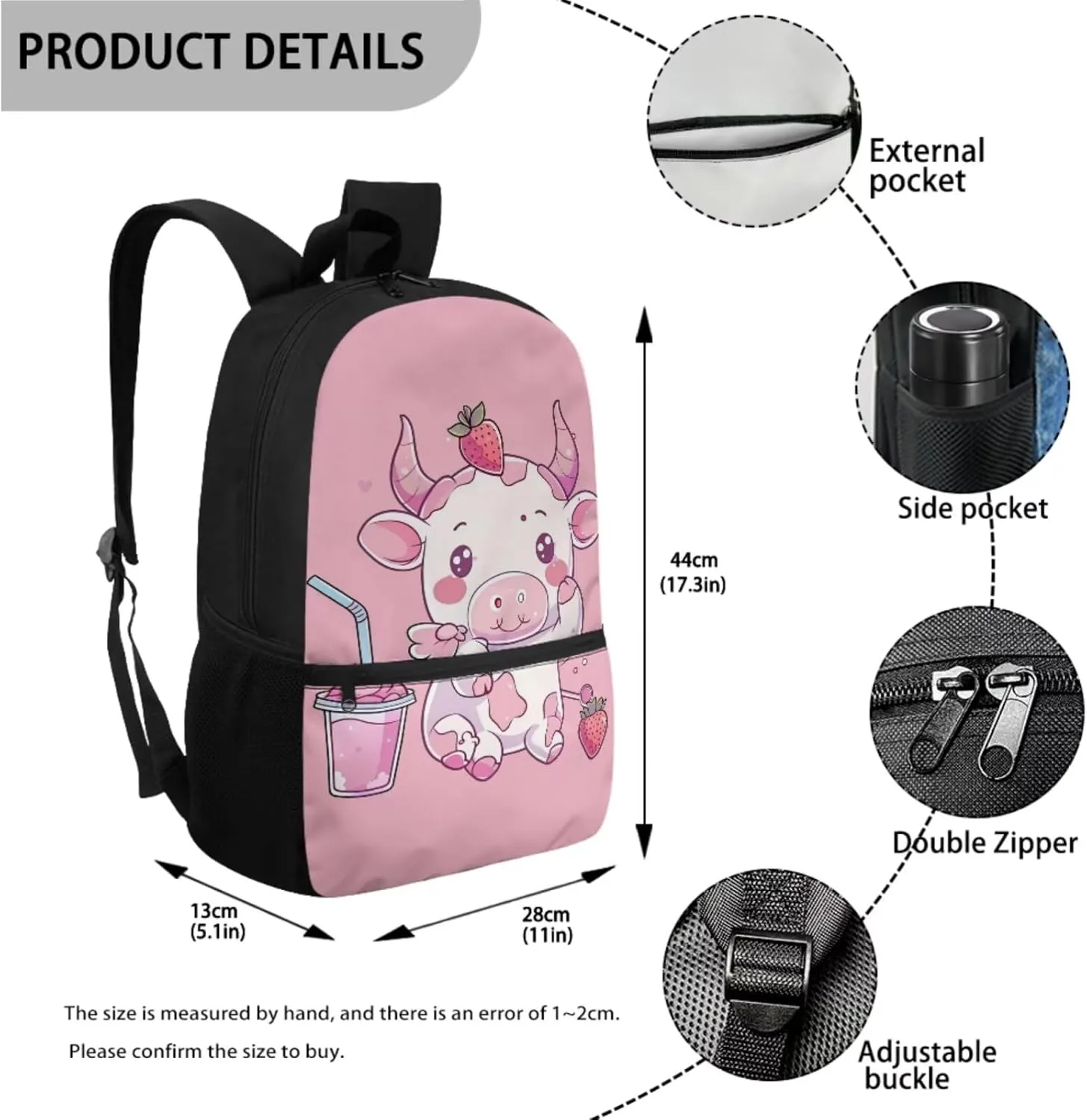 Cow Strawberry Backpack 5th Grade with Lunch Box for Girls Cute Cartoon School Bag and Lunch Bag Elementary School Bookbags/Lunchboxes/Pencil Case for Age 6 7 8