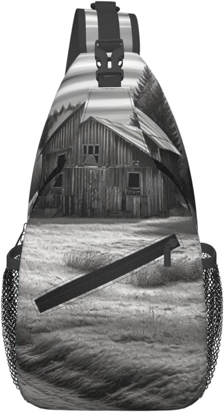 Crossbody Bag Sling Backpack Barn Black and White Travel Hiking Chest Bag Daypack for Women Men