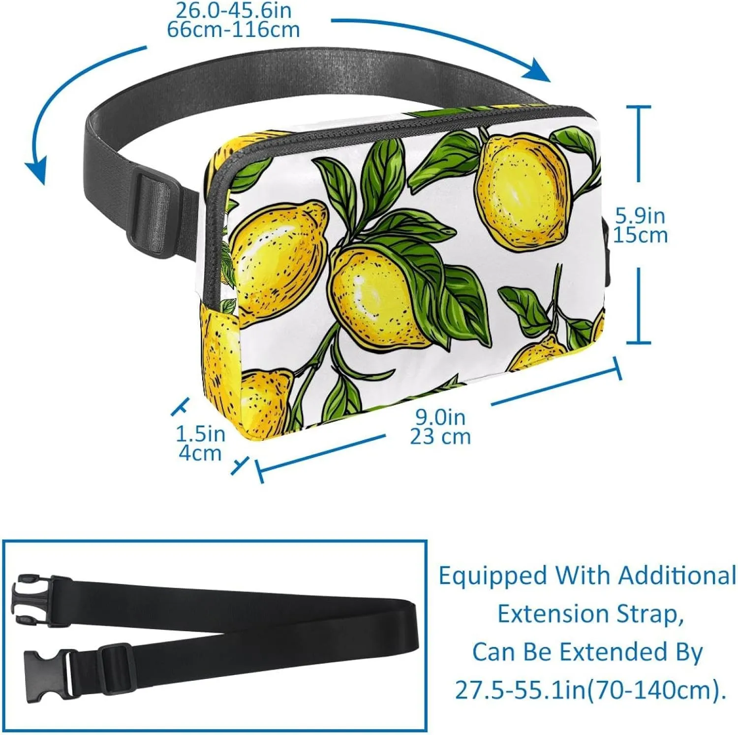 Crossbody Belt Bag for Women Men, Lemon Leaves Fanny Packs with Zipper Pockets,Waterproof Waist Packs with Adjustable Strap for Workout Running Traveling Hiking
