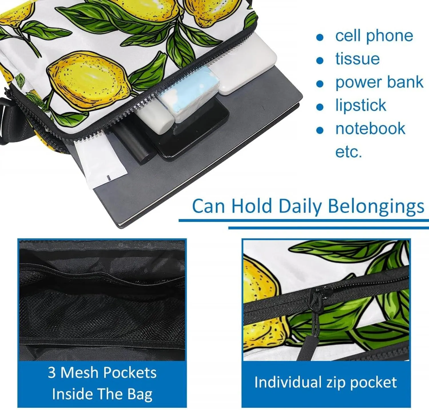Crossbody Belt Bag for Women Men, Lemon Leaves Fanny Packs with Zipper Pockets,Waterproof Waist Packs with Adjustable Strap for Workout Running Traveling Hiking