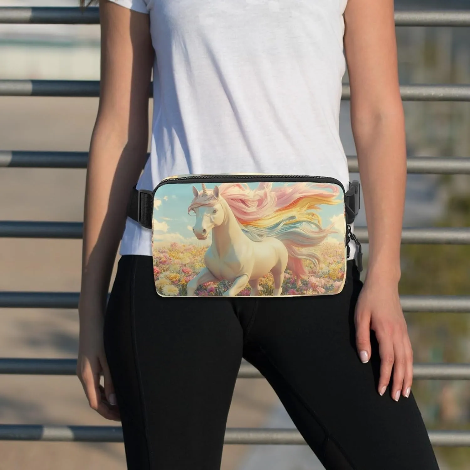 Crossbody Belt Bag for Women Men, Spring Flowers Unicorn Fanny Packs with Zipper Pockets,Waterproof Waist Packs with Adjustable Strap for Workout Running Traveling Hiking