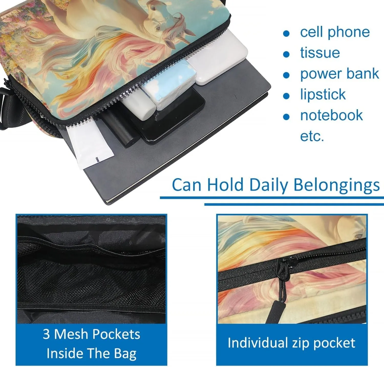Crossbody Belt Bag for Women Men, Spring Flowers Unicorn Fanny Packs with Zipper Pockets,Waterproof Waist Packs with Adjustable Strap for Workout Running Traveling Hiking