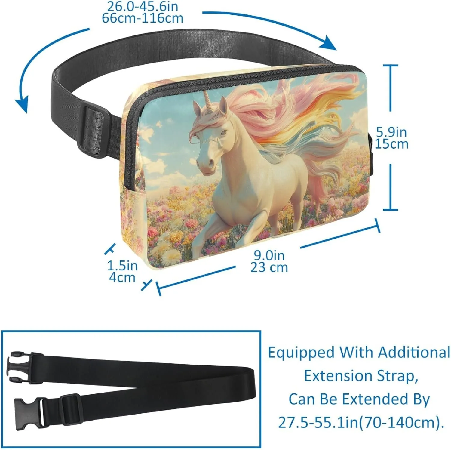 Crossbody Belt Bag for Women Men, Spring Flowers Unicorn Fanny Packs with Zipper Pockets,Waterproof Waist Packs with Adjustable Strap for Workout Running Traveling Hiking