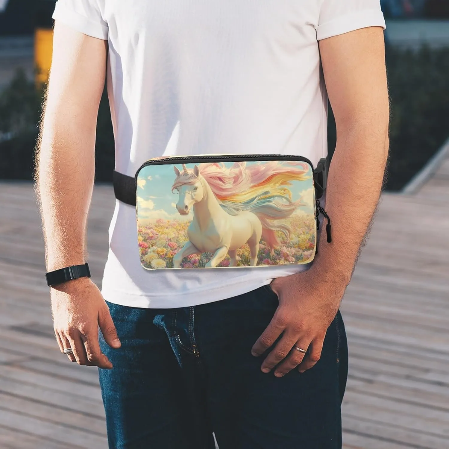 Crossbody Belt Bag for Women Men, Spring Flowers Unicorn Fanny Packs with Zipper Pockets,Waterproof Waist Packs with Adjustable Strap for Workout Running Traveling Hiking