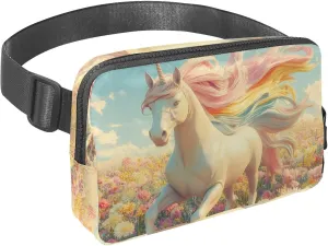 Crossbody Belt Bag for Women Men, Spring Flowers Unicorn Fanny Packs with Zipper Pockets,Waterproof Waist Packs with Adjustable Strap for Workout Running Traveling Hiking