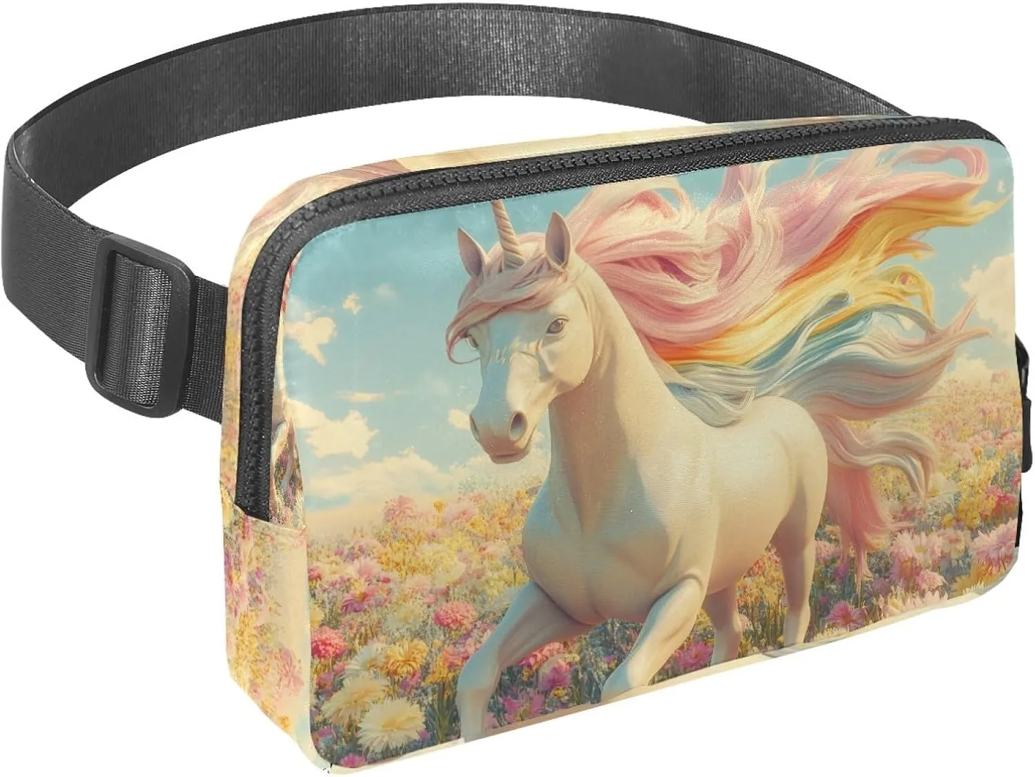 Crossbody Belt Bag for Women Men, Spring Flowers Unicorn Fanny Packs with Zipper Pockets,Waterproof Waist Packs with Adjustable Strap for Workout Running Traveling Hiking