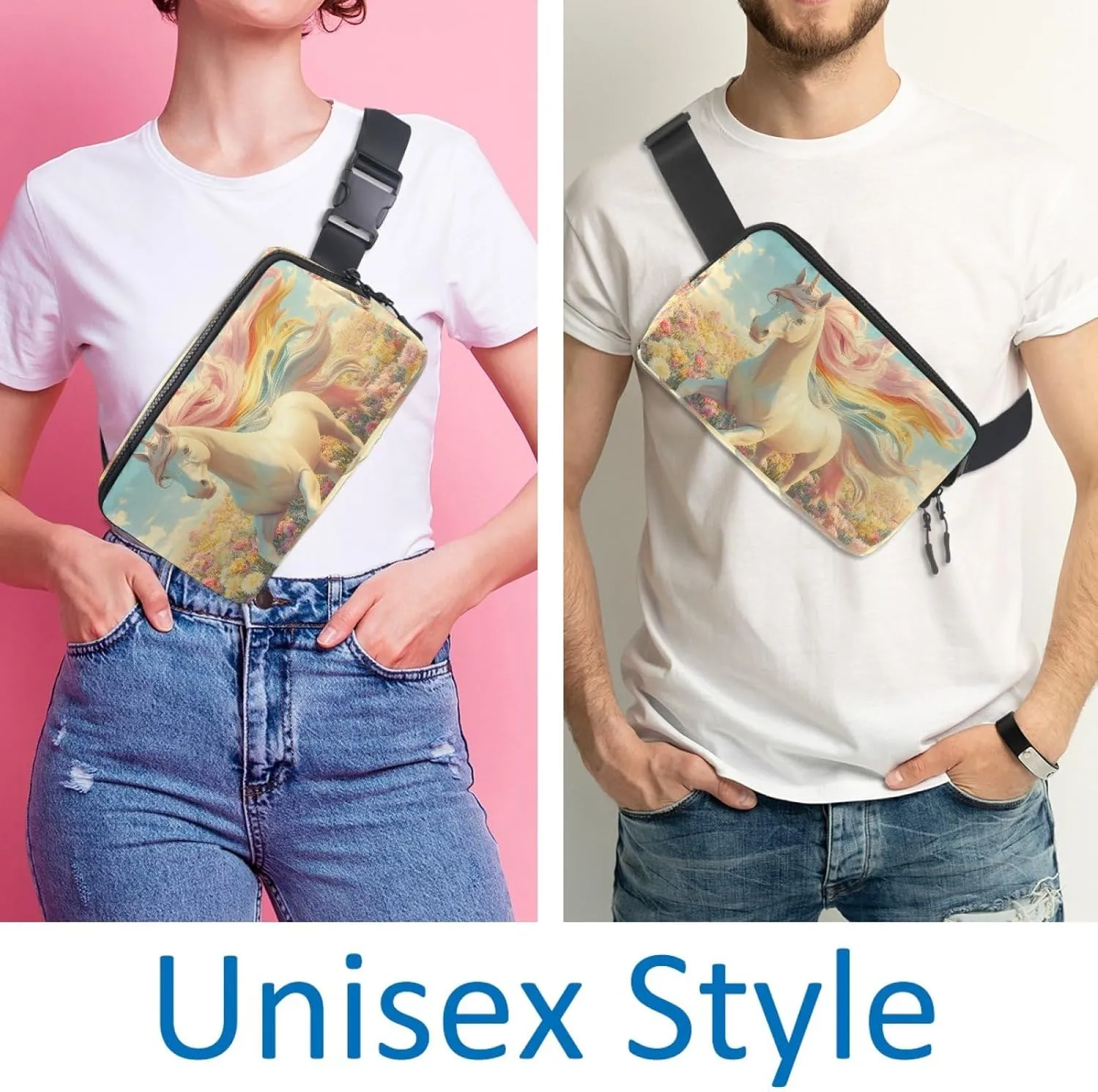 Crossbody Belt Bag for Women Men, Spring Flowers Unicorn Fanny Packs with Zipper Pockets,Waterproof Waist Packs with Adjustable Strap for Workout Running Traveling Hiking