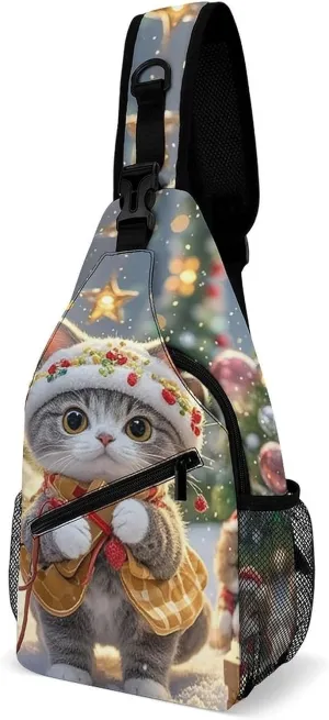 Crossbody Sling Bag Cute Cat Sing Christmas Carols Sling Backpack Shoulder Chest Bag Casual Chest Bag with Adjustable Shoulder Strap Fanny Packs for Outdoors Hiking Traveling
